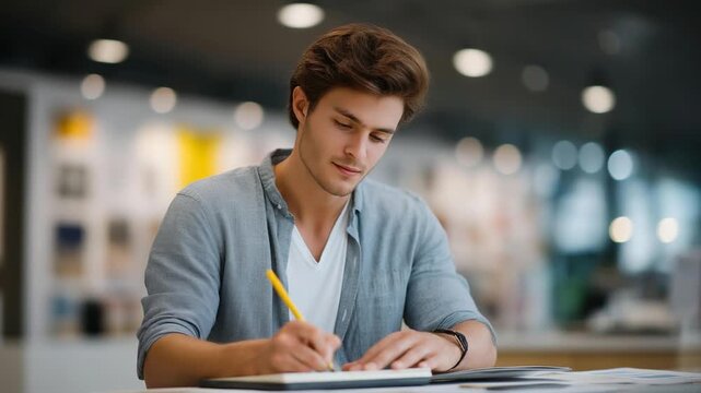Explore the art of crafting deceptive advertisements with a marketer using a tablet, notepad, and vibrant agency posters in a cinematic three-quarter wide angle.