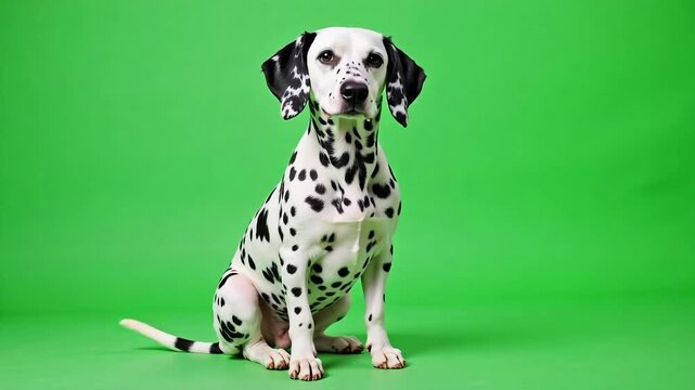 Adorable dalmatian dog winking playfully on vibrant green screen, perfect for pet product commercials or heartwarming family content online