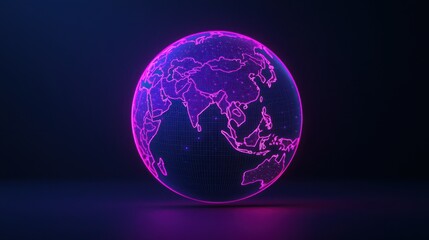 A digital globe representation featuring a grid pattern in vibrant pink and blue hues, showcasing continents against a dark background.