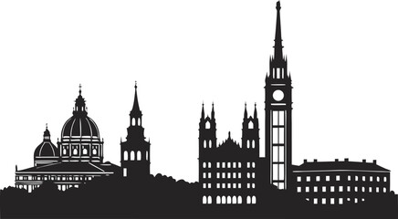 Obraz premium Vector art of silhouette of the dresden skyline showcasing iconic landmarks and architectural details in black and white