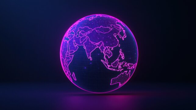 A digital globe representation featuring a grid pattern in vibrant pink and blue hues, showcasing continents against a dark background.