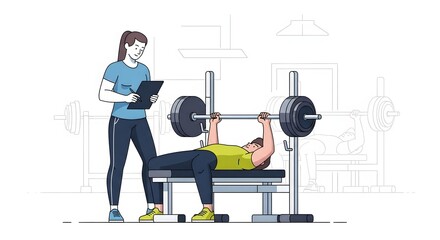 Fitness coach observing a person lifting weights during a bench press exercise in a gym