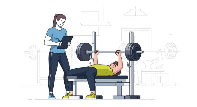 Fitness coach observing a person lifting weights during a bench press exercise in a gym