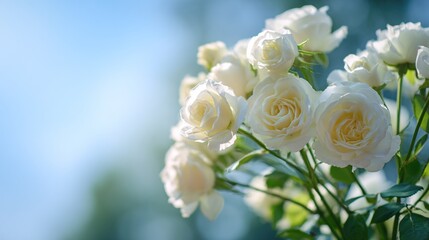 bouquet. Dreamy white rose bouquet softly focused against a blue sky, evoking serenity and natural beauty. gardening catalogs, home-decor guides, designed for home decor and floral branding.