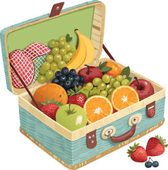 Flat bright picnic basket filled with fruits