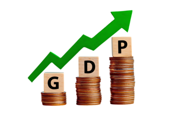 Rising gdp growth concept with stacked coins and green upward arrow symbolizing economic progress and financial success isolated on transparent background