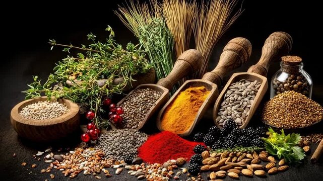 Colorful assortment of spices and herbs displayed on a dark background with wooden scoops and bowls