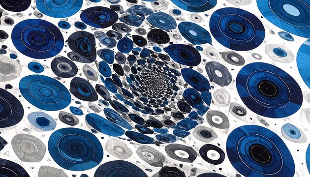 Abstract swirling pattern of circles in shades of blue and gray, radiating outward from a central point on a white background