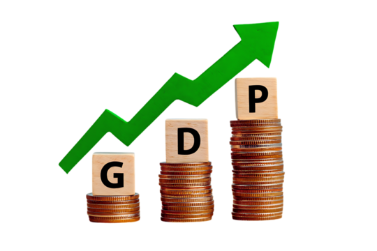 Rising gdp growth concept with stacked coins and green upward arrow symbolizing economic progress and financial success isolated on transparent background
