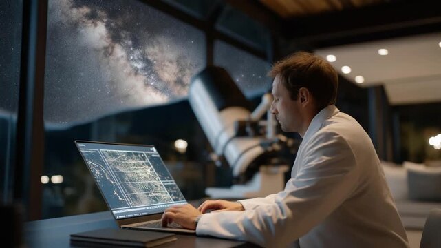An astronomer in a lab coat tracks a UFO using a telescope, star chart, and laptop at a mountaintop observatory in a cinematic wide-angle shot.