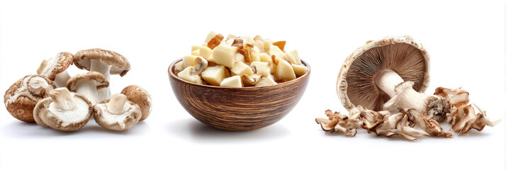 Obraz premium Assorted mushrooms, whole and diced, in a wooden bowl