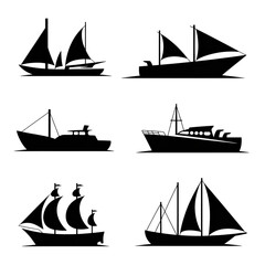 Elegant line art featuring assorted boats, ships and sailboats for nautical themed designs and creative projects