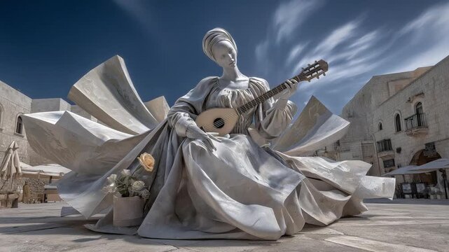 A surreal Renaissance muse in a flowing gown, surrounded by abstract shapes, holds a lute and rose in a palazzo courtyard, captured in a three-quarter wide angle.