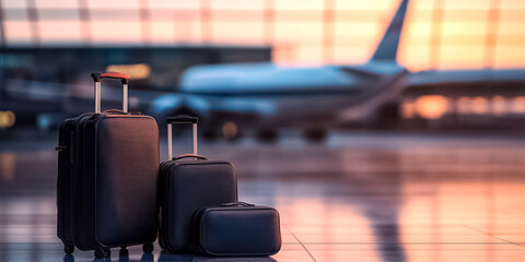 Three stylish travel bags stand in a modern airport with soft lighting and reflections on the floor, a symbol of comfort and anticipation of new adventures.