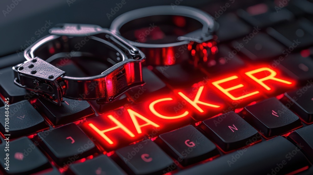 Poster a close-up view of handcuffs on a keyboard, highlighting the word 