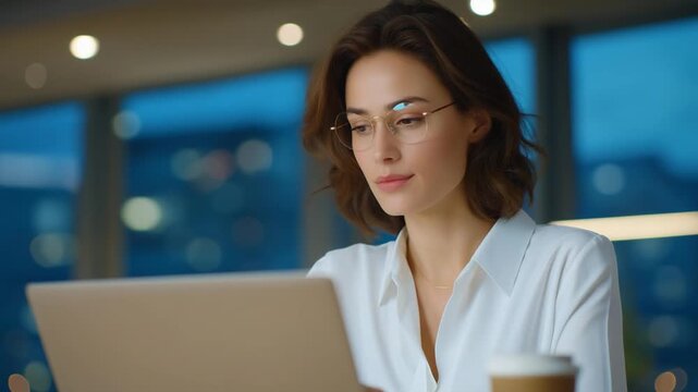 A recruiter creates a misleading job ad in a modern office with a city view, captured in a cinematic, three-quarter wide-angle shot.