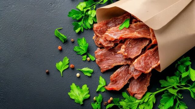 Beef jerky and fresh parsley displayed on a dark surface with a paper bag