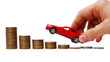 Hand holding red toy car above decreasing stack of coins symbolizing car payment financial planning and cost isolated on transparent background