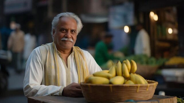 A cinematic scene of a street vendor in a bustling market, exaggerating product quality with a fruit basket and cash box.