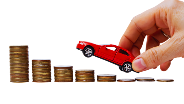 Hand holding red toy car above decreasing stack of coins symbolizing car payment financial planning and cost isolated on transparent background