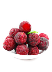 Fresh Red Bayberries Yangmei Fruit in White Bowl on White Background
