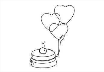 Sweet Treat with Heart Balloons A Single Line Drawing. line icon-continuous line drawing. Editable stroke. 