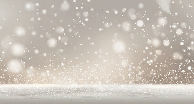 Soft, beige background with falling snow and bokeh