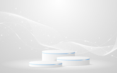 White podium with elegant white wave lines on the back for product presentation. Display of cosmetic products. Stage or podium. vector illustration	