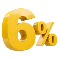 3D Rendering of Yellow 6 Percent Sign, Discount Icon, Sale Symbol, Golden Number Illustration, Six Percent Off, Promotional Element