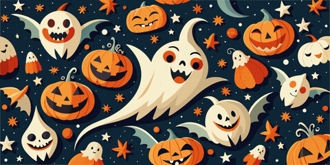 Fototapeta premium Cute and funny Halloween seamless pattern with cartoon pumpkin, ghost, and bat illustrations for your festive holiday background design