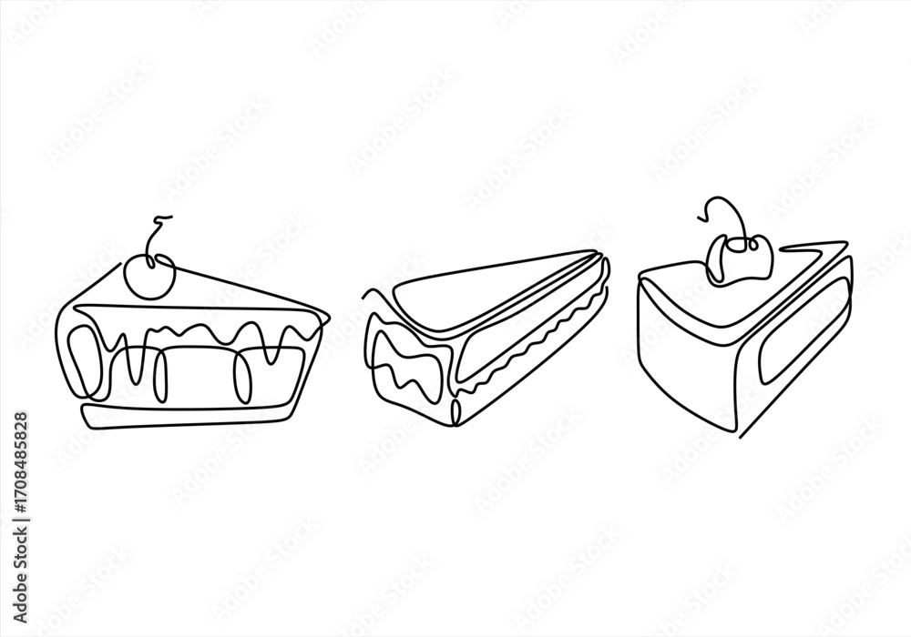 Poster Slices of cake in continuous line art with cherry.  line icon-continuous line drawing. Editable stroke. 