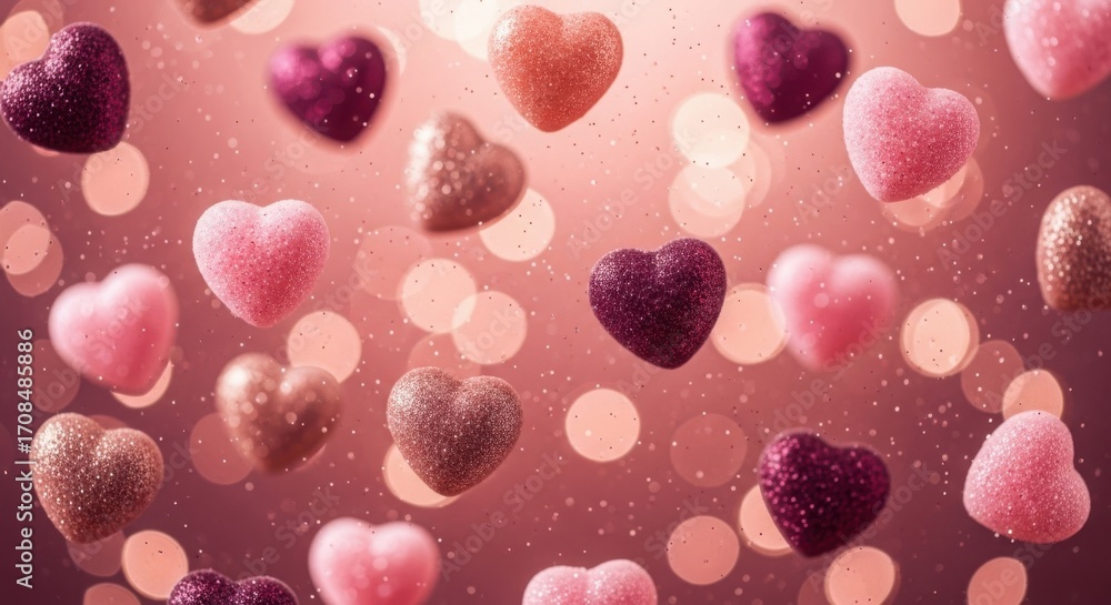 Wall mural sparkling heart shapes floating against a soft bokeh background