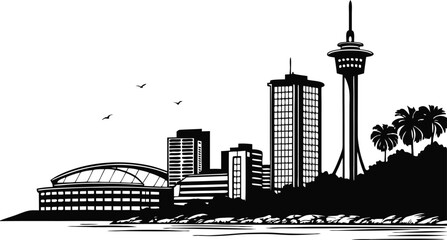 Obraz premium Vector art of silhouette of auckland city skyline, featuring iconic buildings and landmarks in black