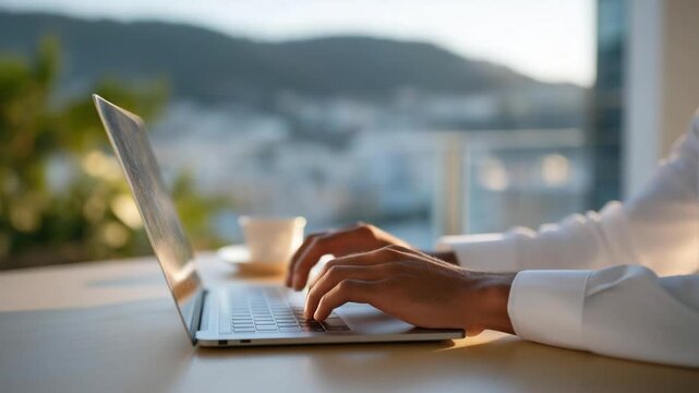 A recruiter creates a misleading job ad in a modern office with a city view, captured in a cinematic wide-angle shot.