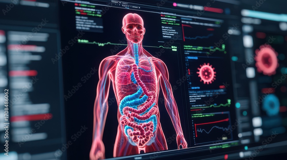 Poster a digital representation of the human body, highlighting anatomical features and system functions wi