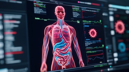 A digital representation of the human body, highlighting anatomical features and system functions with colorful graphics and data overlays.
