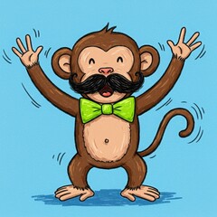 Obraz premium Cartoon Monkey with Mustache and Bowtie, Cheerful Pose.