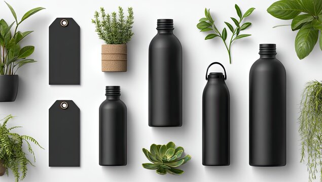 Flat lay of black bottles, plants, and tags on white