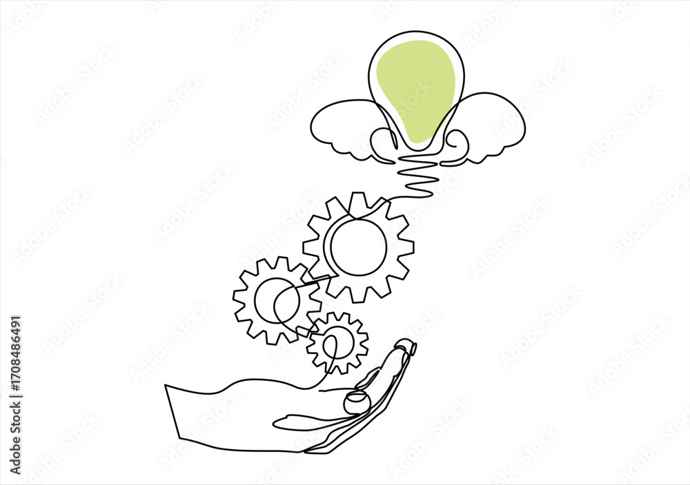 Poster continuous one single line drawing of hand holding gears and light bulb, business concept, tech deve