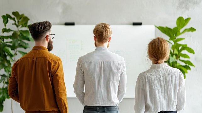 Diverse colleagues brainstorming financial strategies on a whiteboard, modern meeting room, collaborative