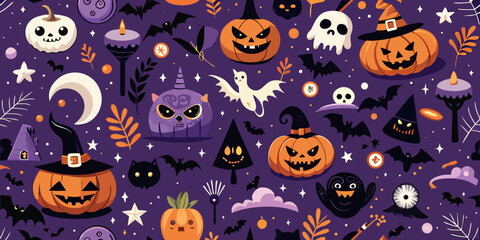 A spooky Halloween seamless vector pattern with cartoon pumpkins, bats, and ghosts for a fun October holiday celebration