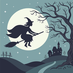 Fototapeta premium Halloween witch silhouette flying on broomstick against the night sky. Perfect for party decor, merchandise, and holiday projects. Editable and scalable vector.