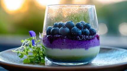 Fresh blueberry parfait layered with purple compote and vanilla cream in clear glass tumbler with microgreens garnish on ceramic plate