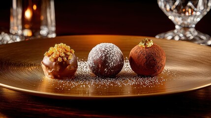 Artisanal chocolate truffles trio with gold leaf garnish and cocoa dusting on elegant golden plate in upscale restaurant dining setting atmosphere