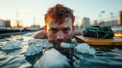 Young man with red hair enjoying therapeutic ice bath cold plunge immersion in urban rooftop pool during golden sunset hour with recovery equipment