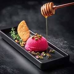 Elegant hibiscus sorbet dessert with honey drizzle on black ceramic plate, garnished with crushed pistachios and waffle cookie for fine dining presentation
