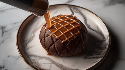 Professional caramel sauce drizzle technique creating perfect lattice pattern on artisan chocolate dessert with elegant fine dining presentation