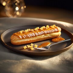 Gourmet french eclair with glossy caramel glaze and golden honeycomb sugar pieces on elegant dark ceramic plate with dessert fork in luxury restaurant setting