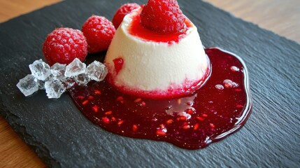 Creamy vanilla panna cotta dessert with raspberry coulis sauce and fresh berries garnished with crystal sugar on elegant dark slate serving plate