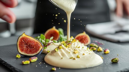 Professional chef pouring golden zabaglione cream onto elegant dessert with fresh fig halves and crushed pistachios on dark slate plate in luxury restaurant